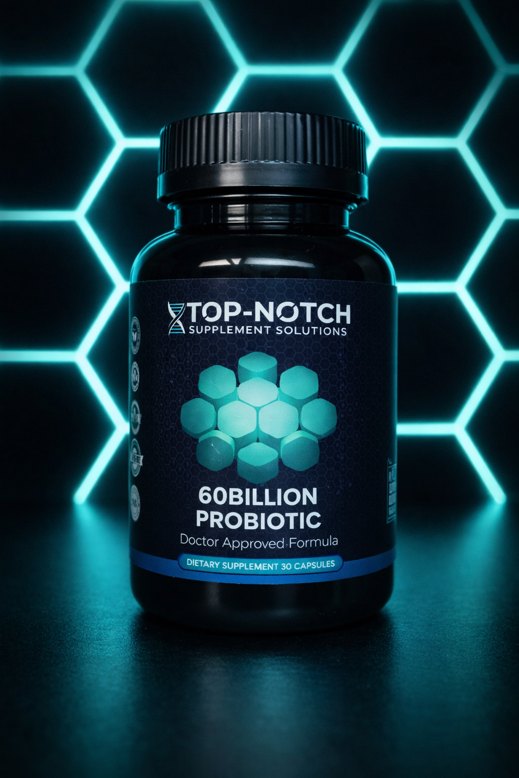 Top-Notch 60Billion Probiotic supplement bottle on a dark background with blue hexagonal pattern