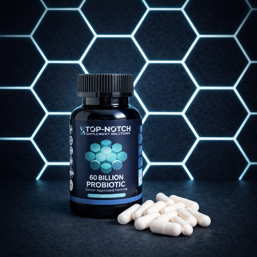 Top-Notch supplement bottle with probiotics on a dark background