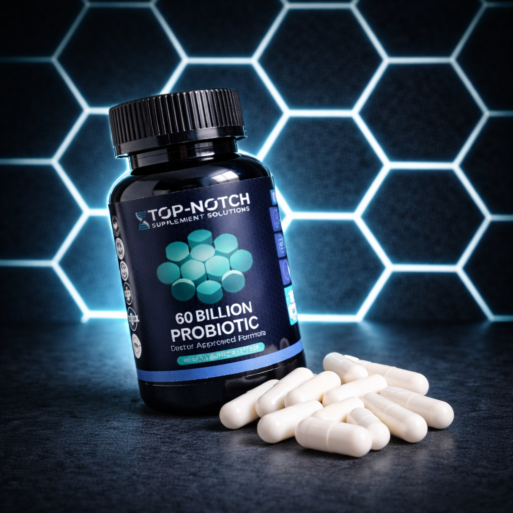 Top-Notch 60 Billion Probiotic supplement bottle with pills on a dark background