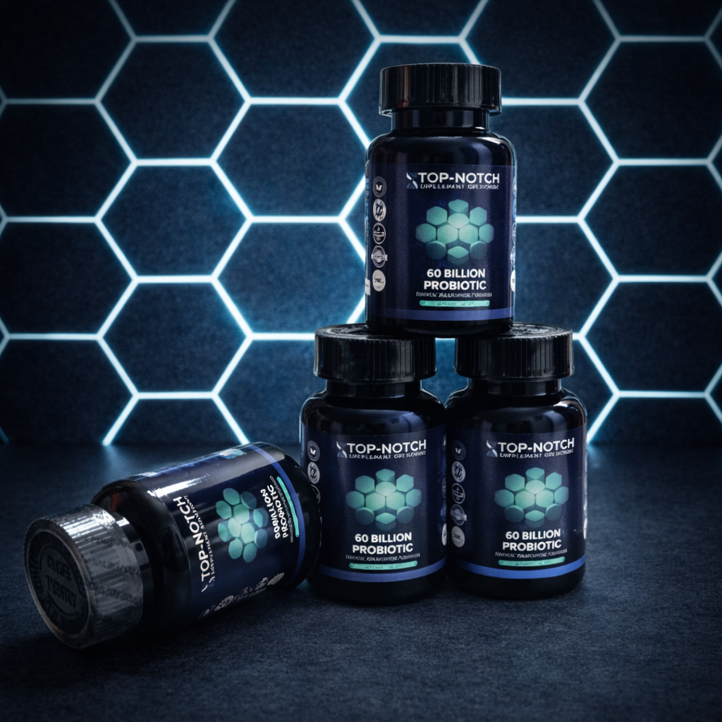Top-Notch 60 Billion Probiotic bottles stacked against a dark blue geometric patterned background