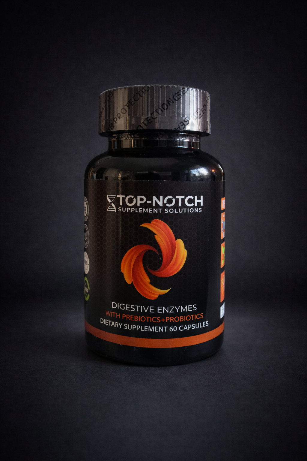 Supplement bottle labeled 'Top-Notch Supplement Solutions' on a dark background