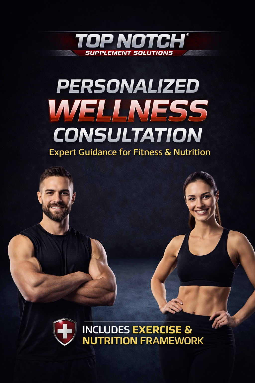 Advertisement for personalized wellness consultation services with a man and woman in athletic wear on a dark background.