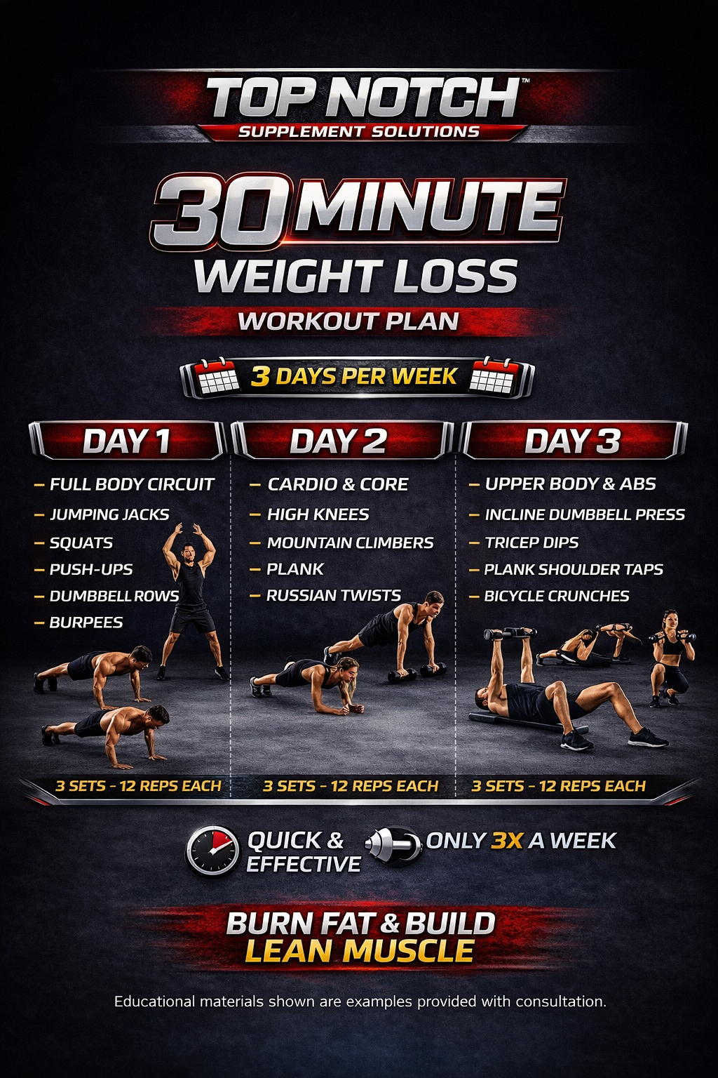 30 Minute Weight Loss Workout Plan with exercises for 3 days per week on a dark background.