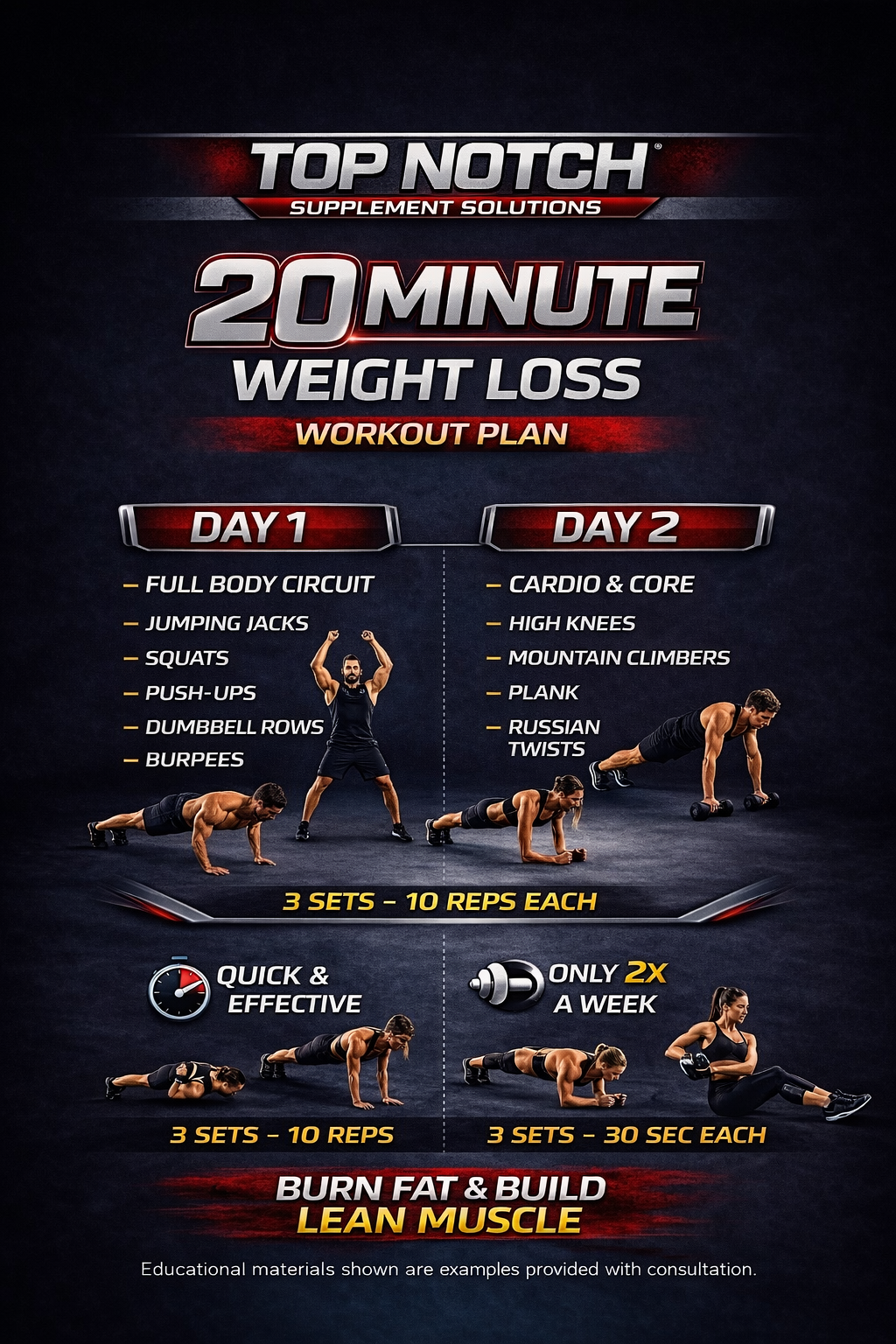 20 Minute Weight Loss Workout Plan with exercises and timings on a dark background