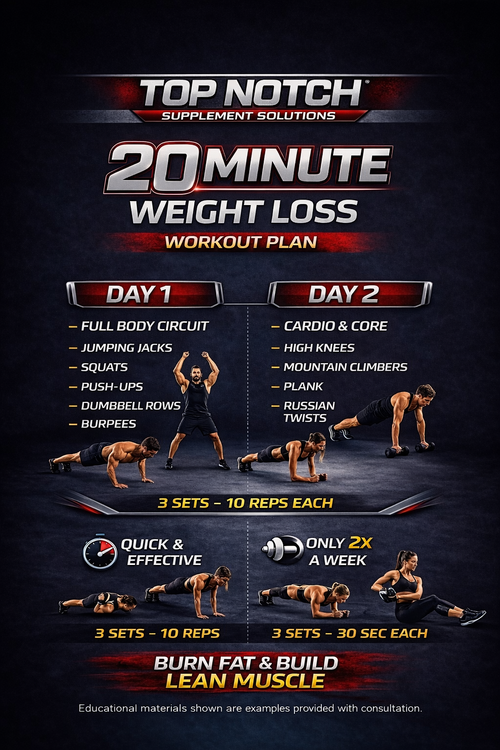 20 Minute Weight Loss Workout Plan with exercises and timings on a dark background