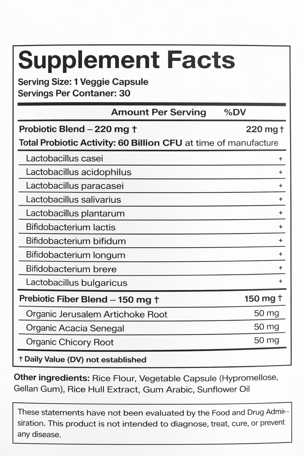 Supplement Facts label for probiotic supplement showing 60 billion CFU per psule with prebiotic fiber bend