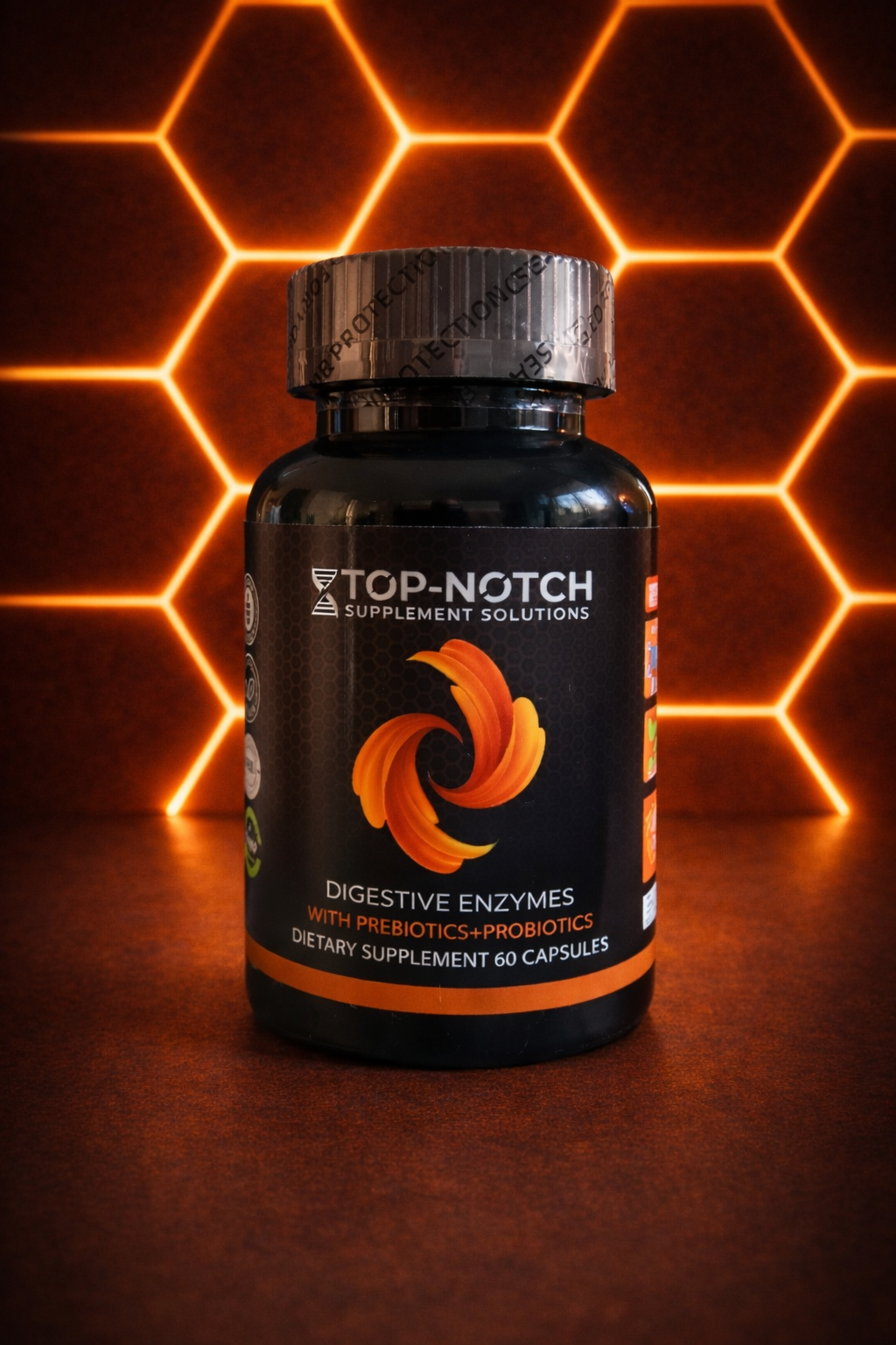 Supplement bottle labeled 'Top-Notch Supplement Solutions' on a dark background with orange hexagonal patterns.