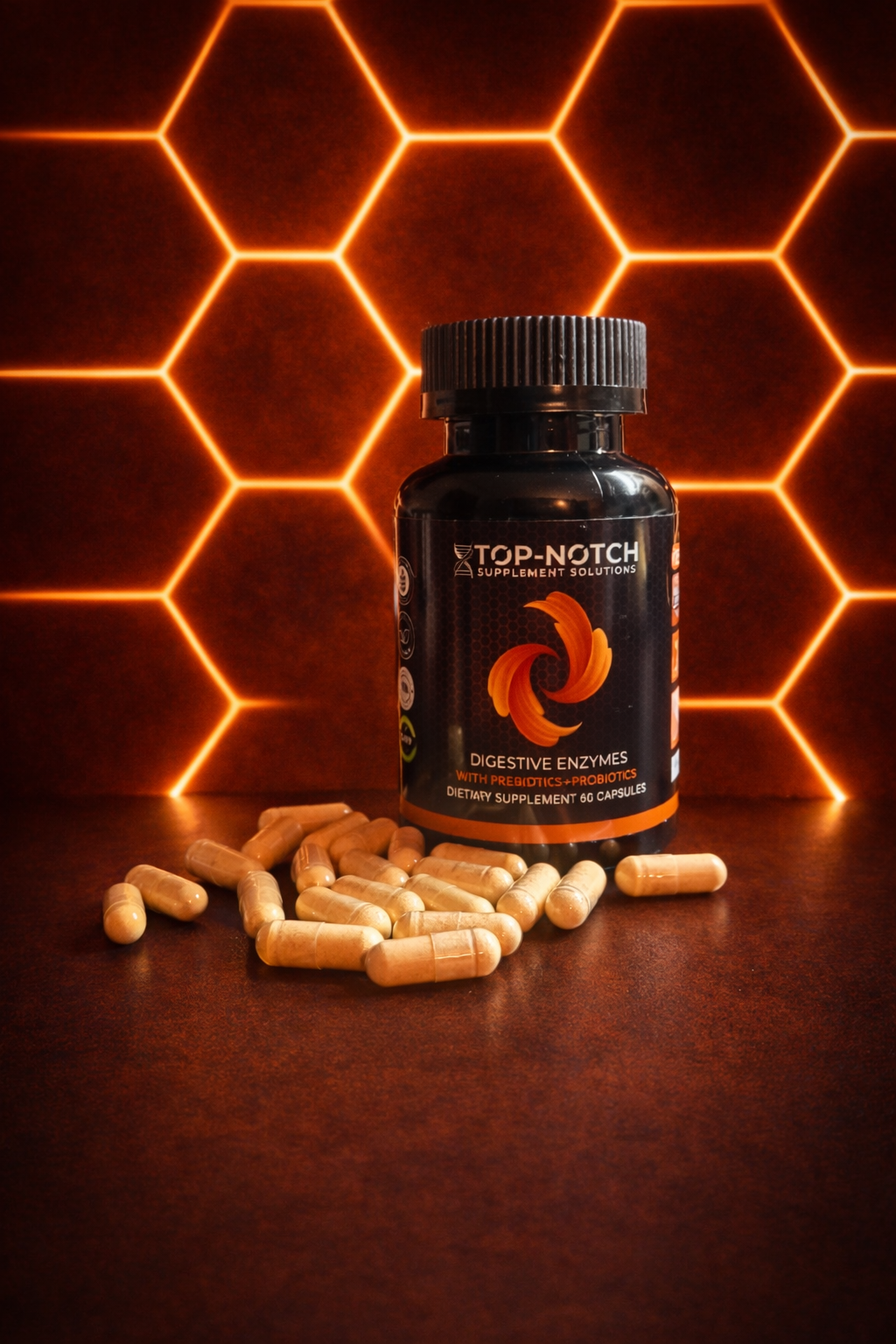Supplement bottle with capsules on a dark surface with glowing hexagonal pattern