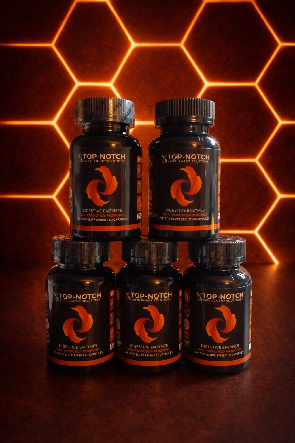 Top-Notch digestive enzymes bottles arranged in a pyramid formation against a glowing geometric background.