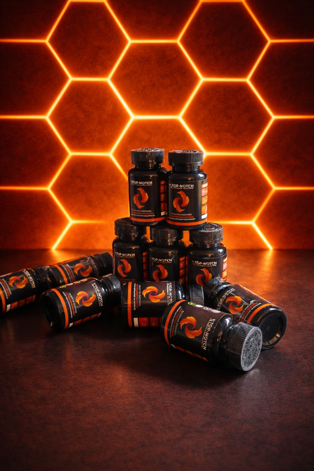 Supplement bottles stacked against a hexagonal light pattern background