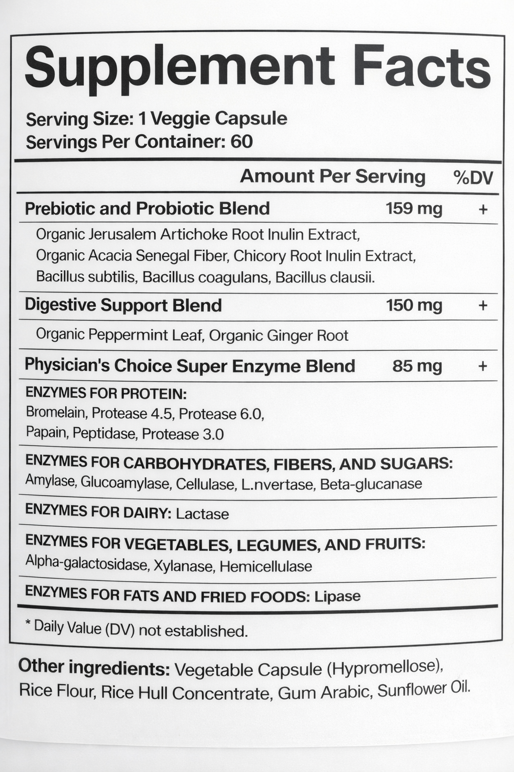 Supplement facts label with various blends and enzymes on a white background