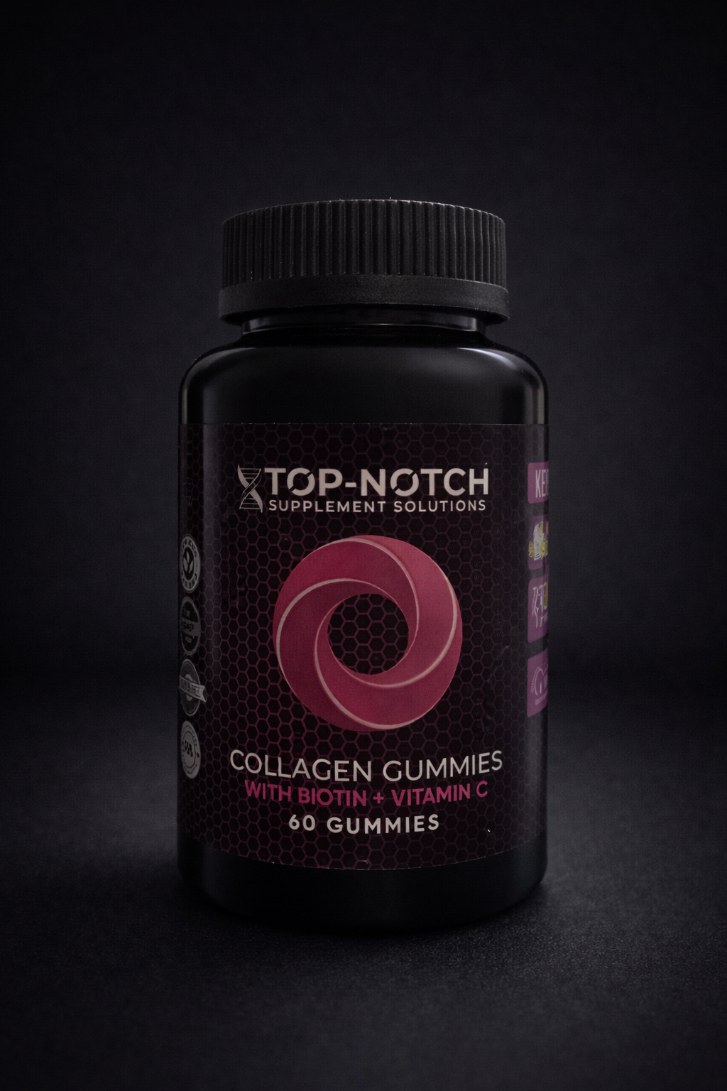 Black bottle of Top-Notch Collagen Gummies on a dark background