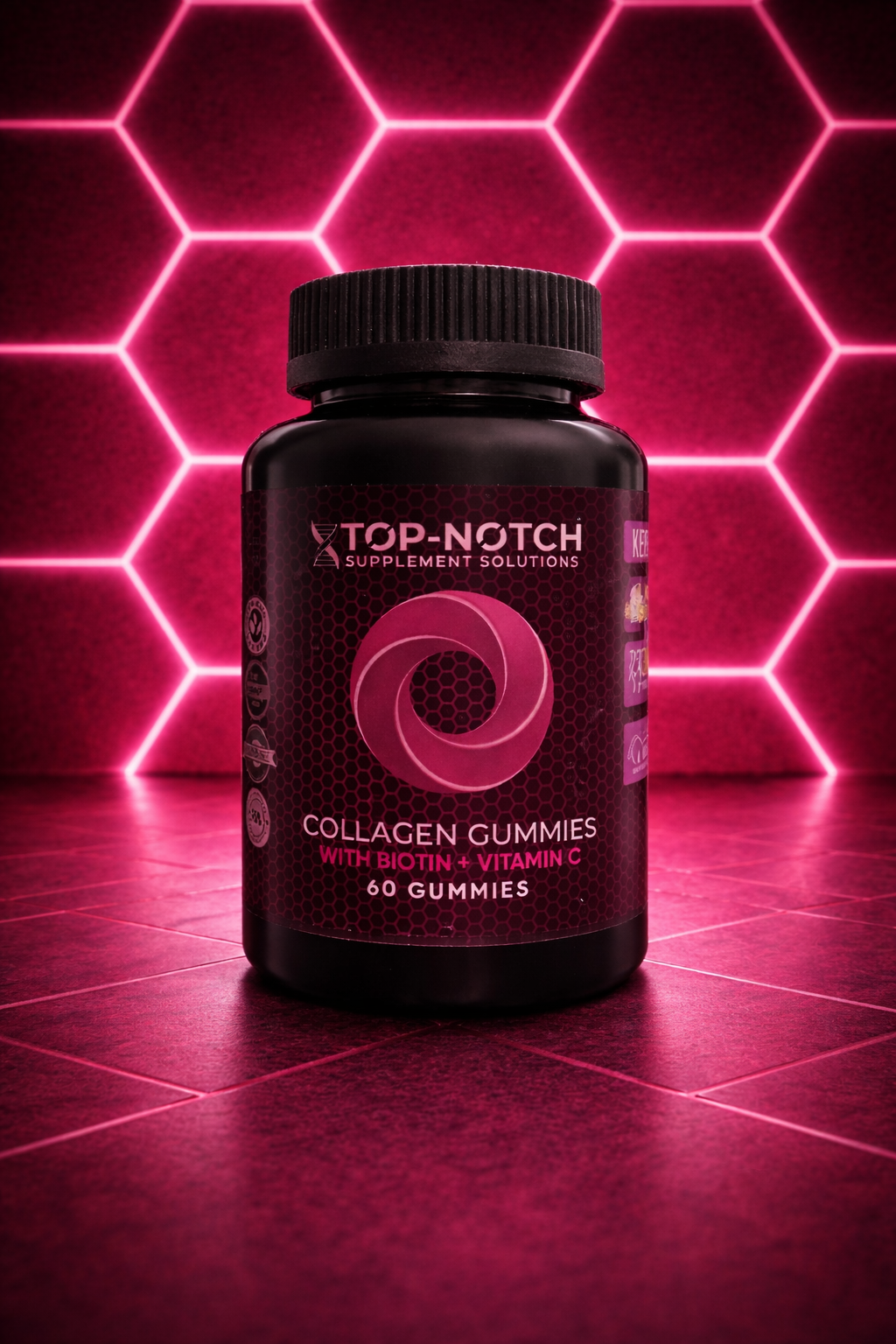 Top-Notch Collagen Gummies bottle on a pink geometric background