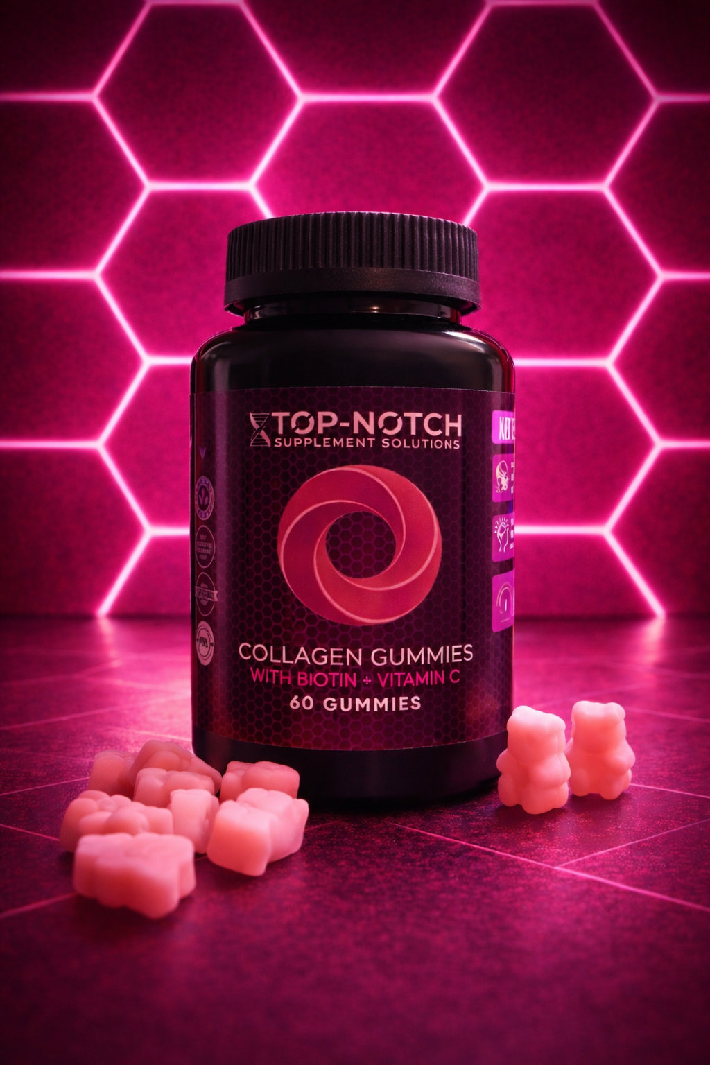 Top-Notch Collagen Gummies bottle with gummies on a pink geometric background