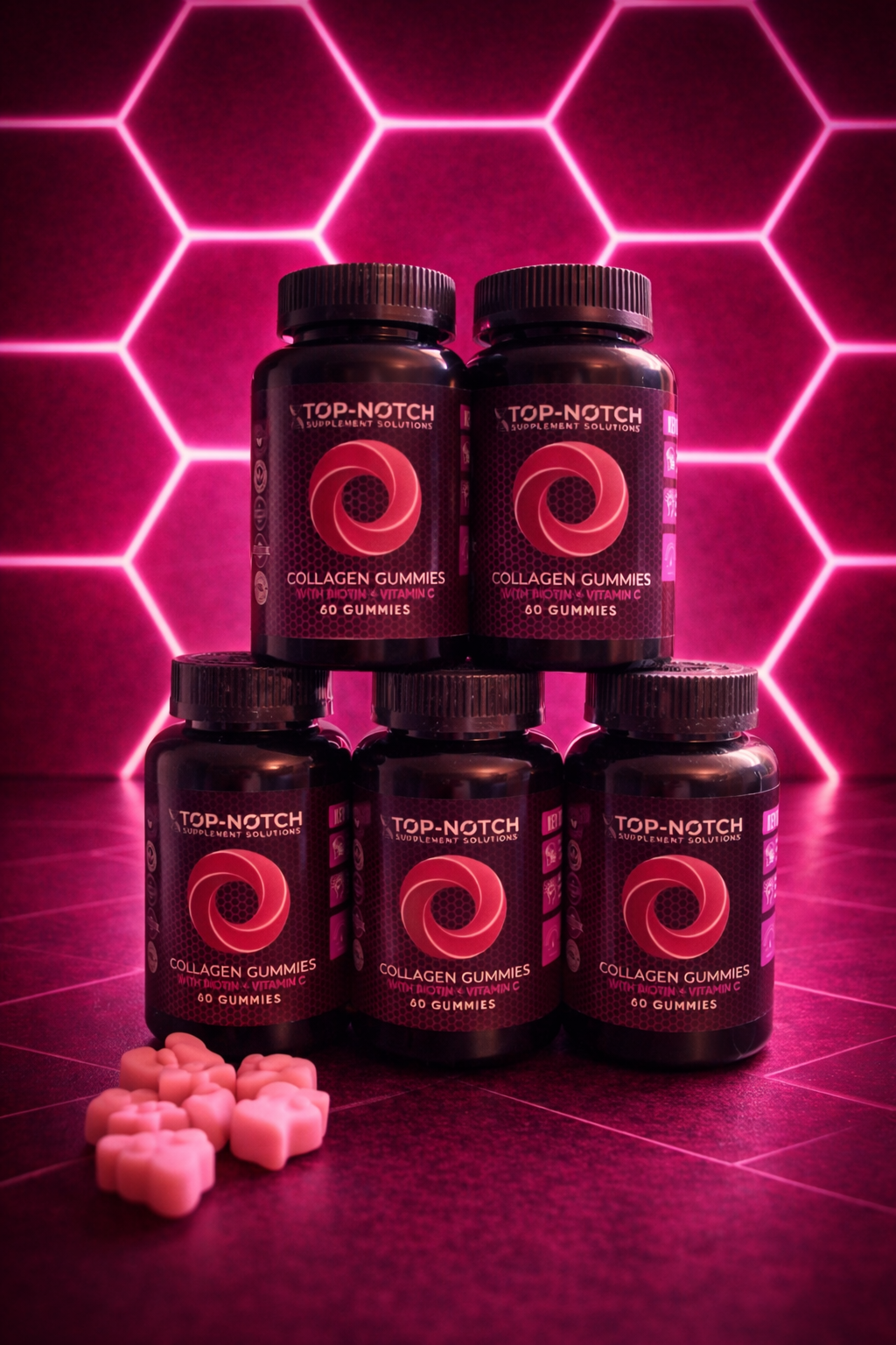 Stack of Top-Notch Collagen Gummies bottles with pink gummies on a pink geometric background