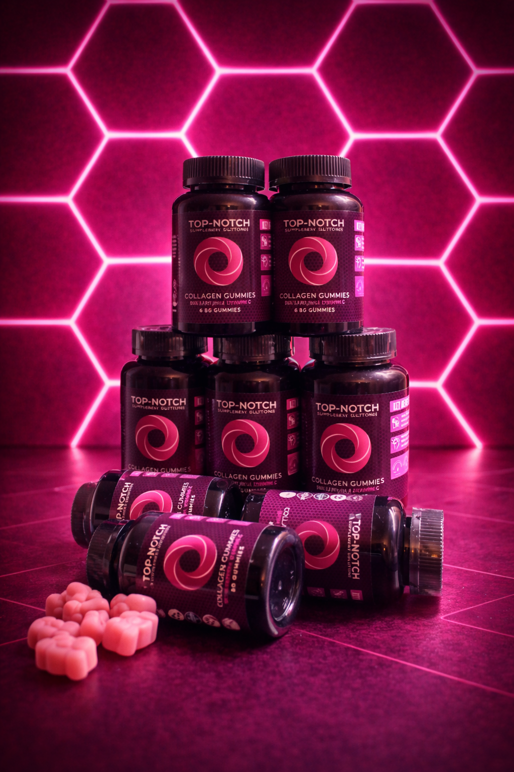 Top-Notch Collagen Gummies packaging on a pink geometric background