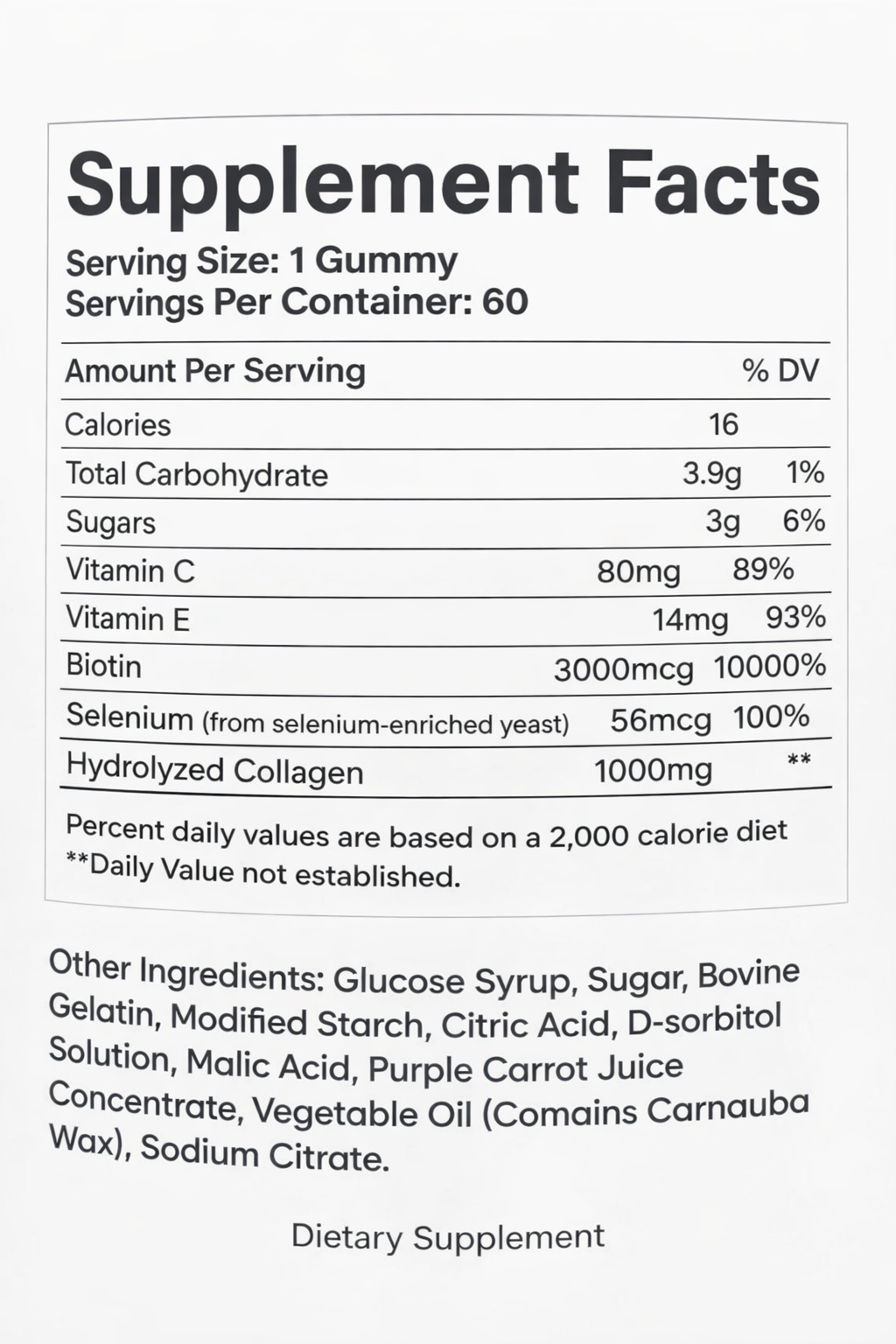 Supplement facts label for a gummy vitamin product