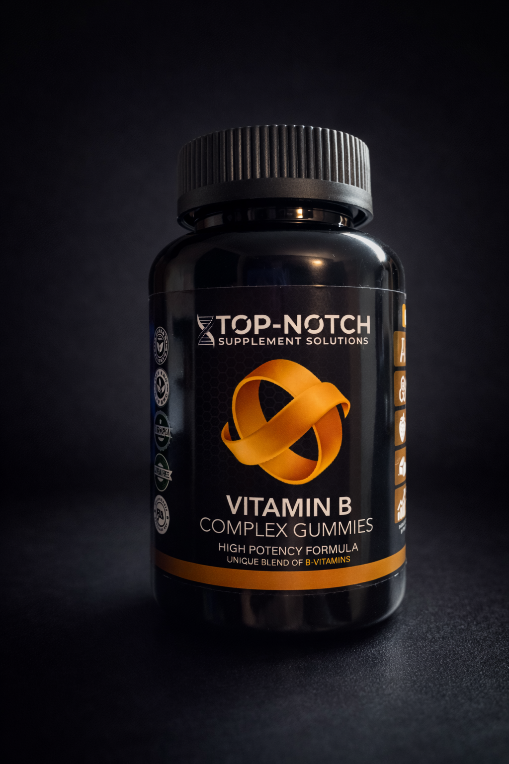 Bottle of Top-Notch Vitamin B Complex Gummies on a dark background