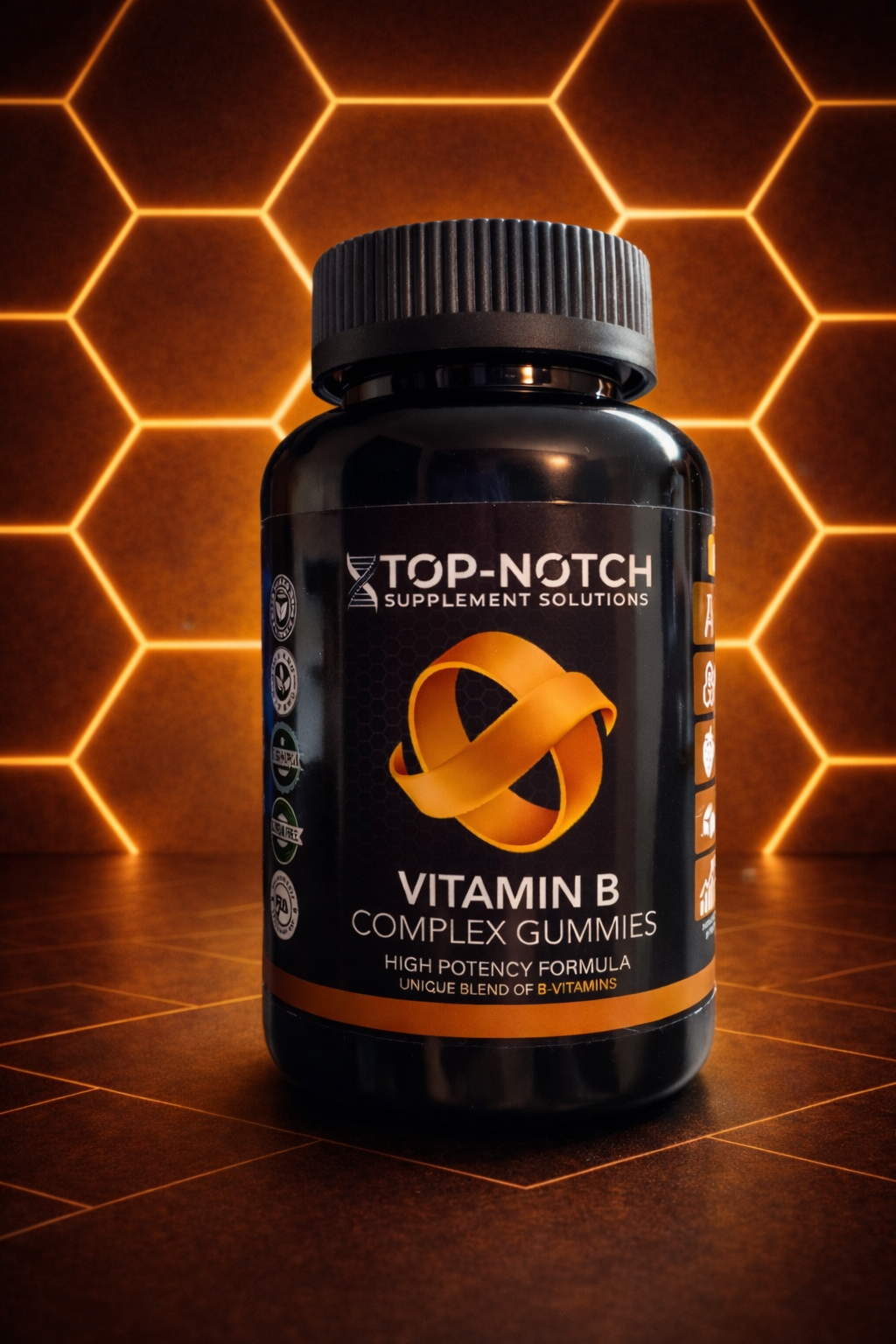 Bottle of Top-Notch Vitamin B Complex Gummies on a honeycomb background
