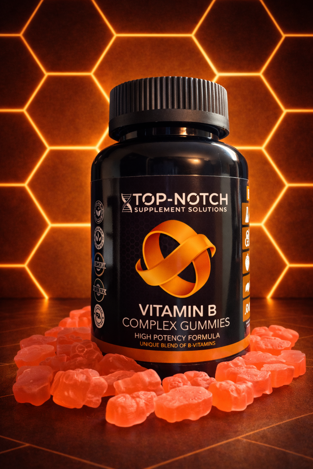 Top-Notch Vitamin B Complex gummies with a dark background
