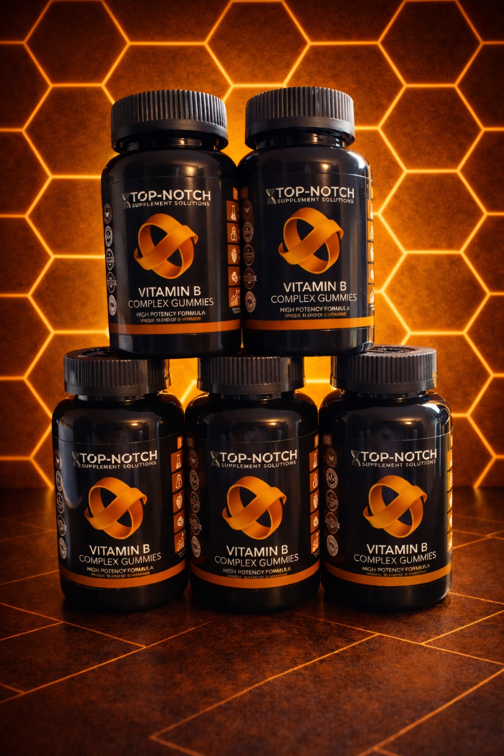 Stack of Top-Notch Vitamin B Complex gummies on a honeycomb background