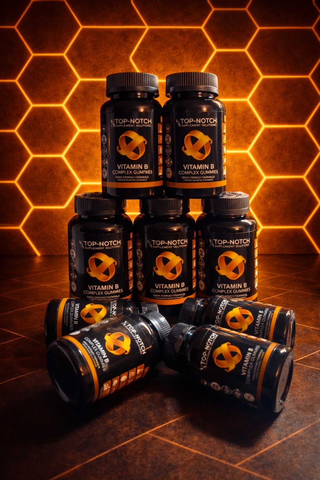 Top-Notch Vitamin B supplement bottles arranged on a wooden surface with a honeycomb pattern in the background.