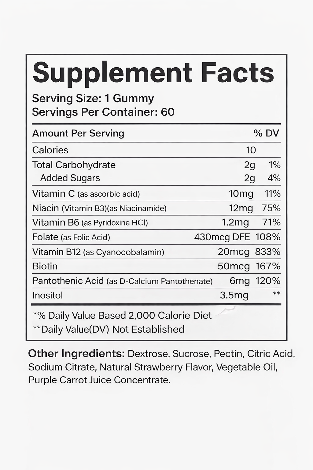 Supplement facts label for gummy vitamins on a white background