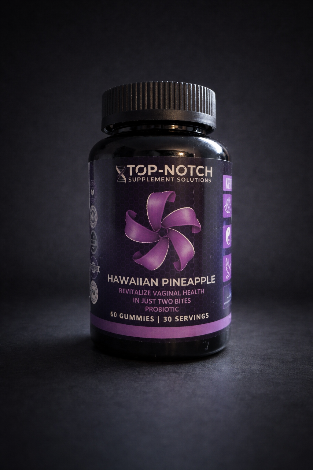 Top-Notch supplement bottle with purple label on a dark background
