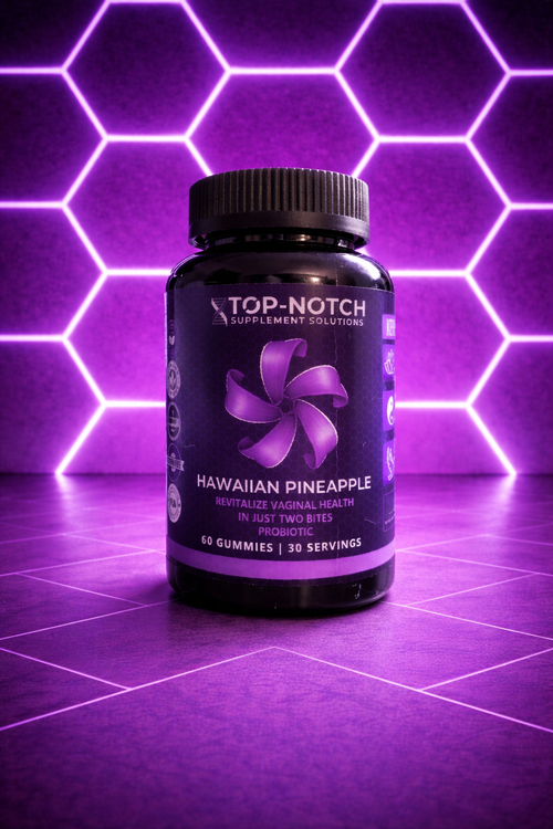 Supplement bottle labeled 'Top-Notch' with 'Hawaiian Pineapple' flavor on a purple geometric background