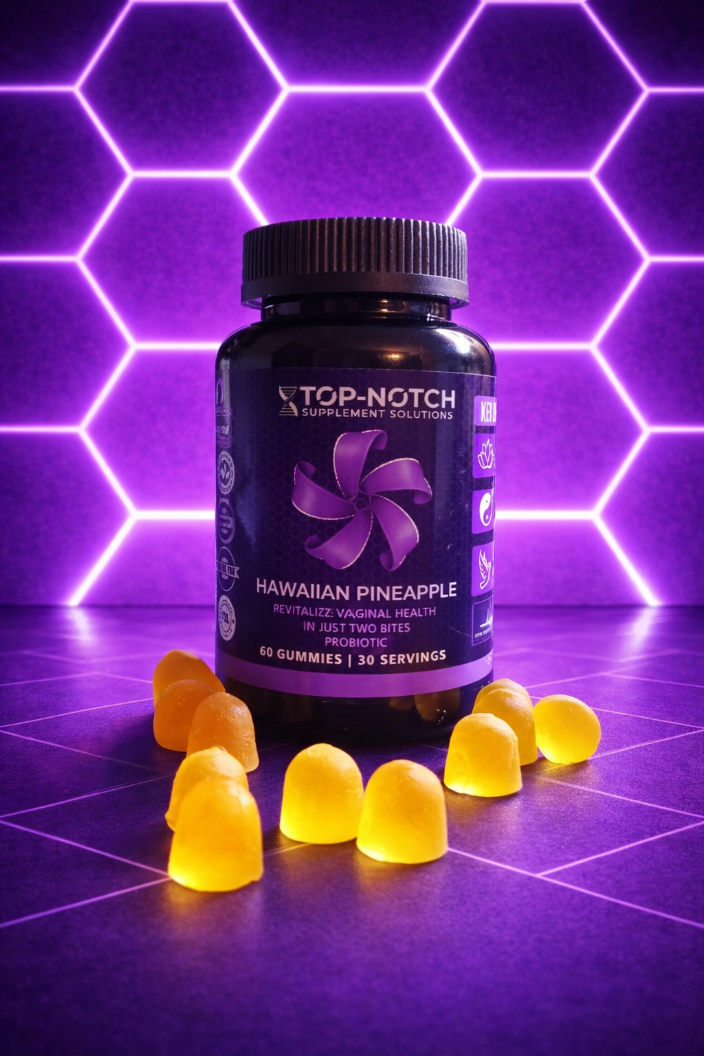 Bottle of Top-Notch Hawaiian Pineapple gummies on a purple honeycomb background