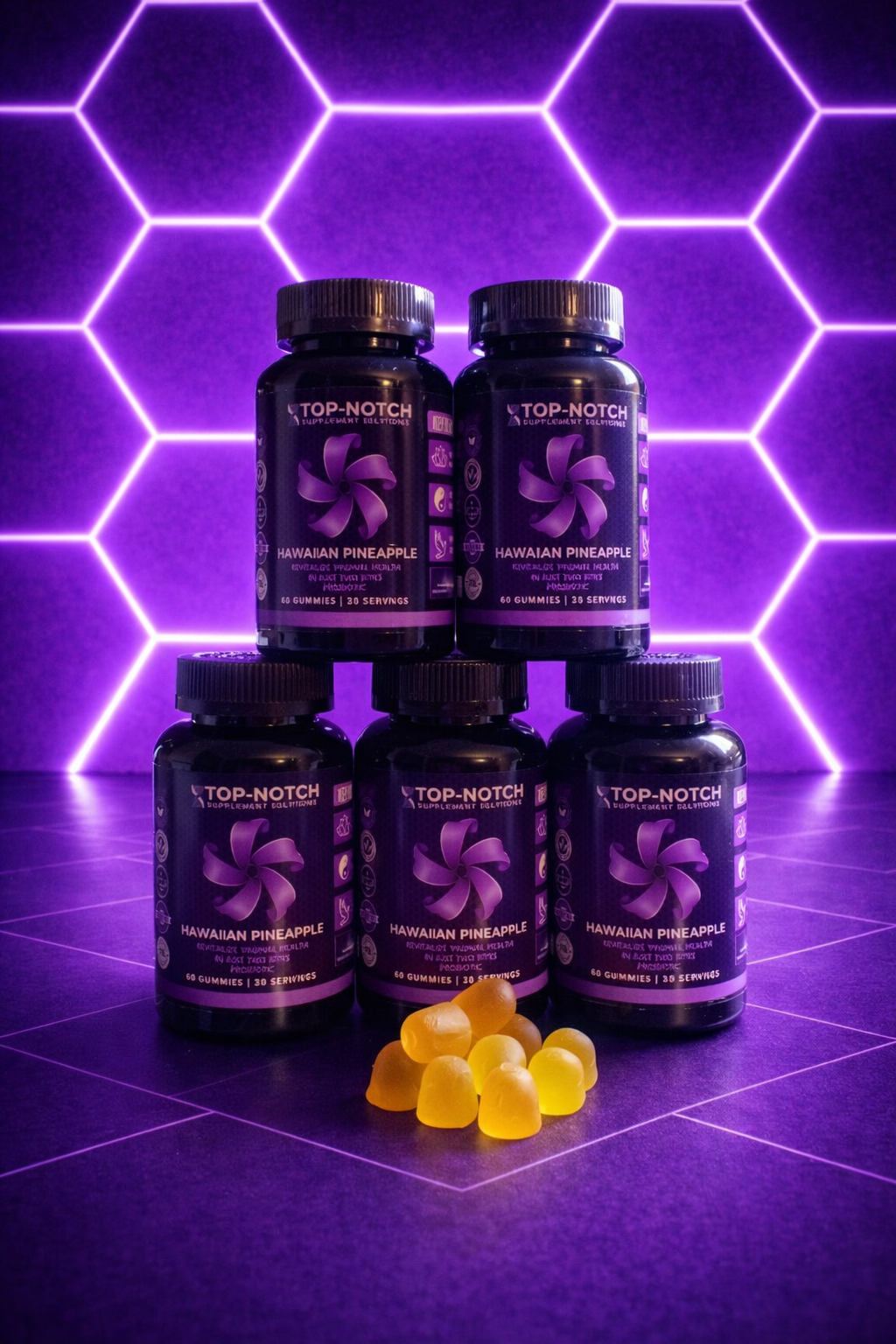 Top-Notch Hawaiian Pineapple supplement bottles with gummies on a purple geometric background