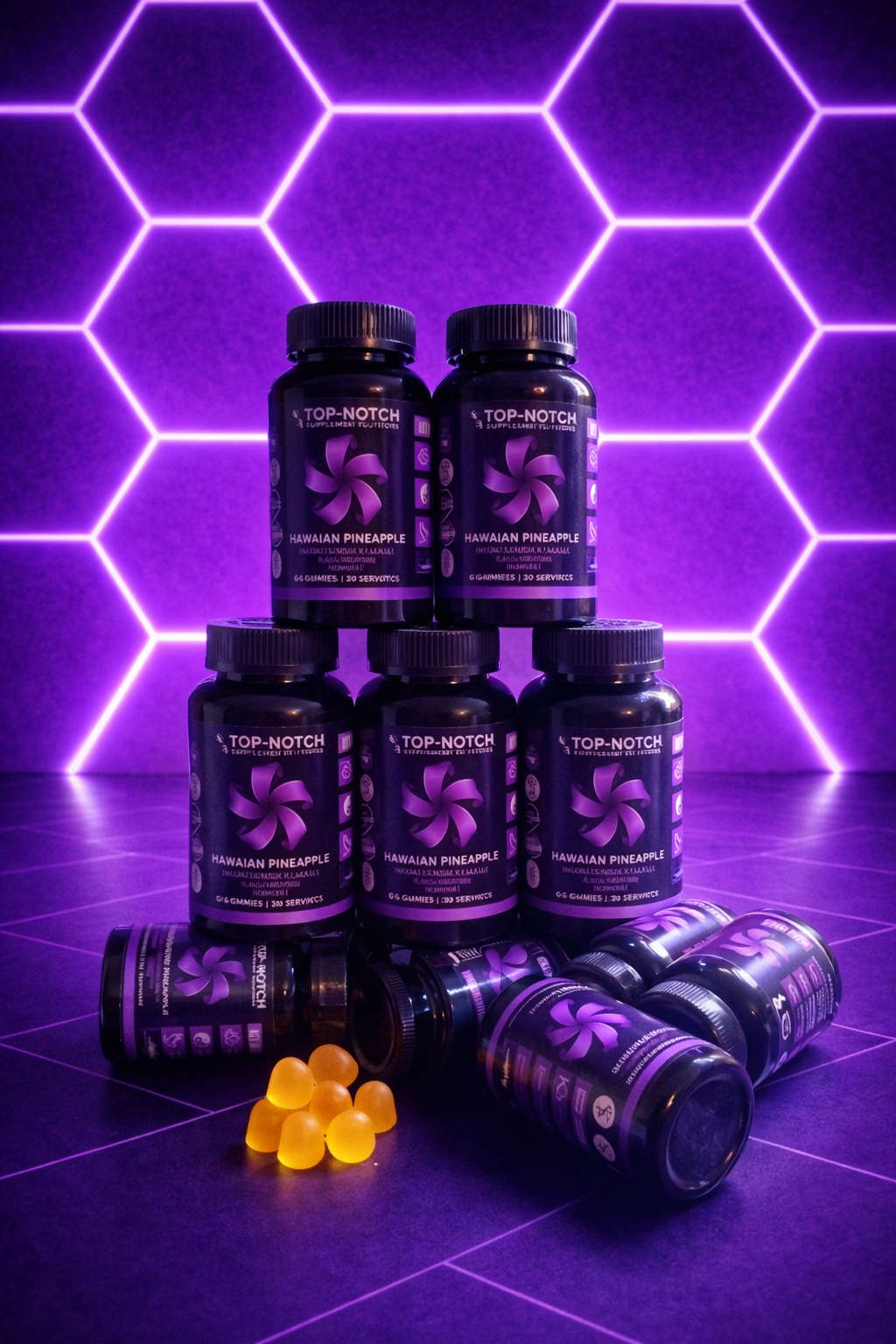 Stack of Top-Notch brand supplement bottles with gummy bears on a purple geometric background