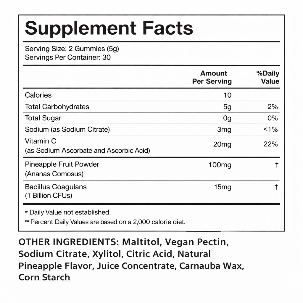 Supplement facts label for gummy vitamins with nutritional information and ingredients listed.