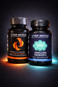 Two bottles of Top-Notch supplements on a dark background