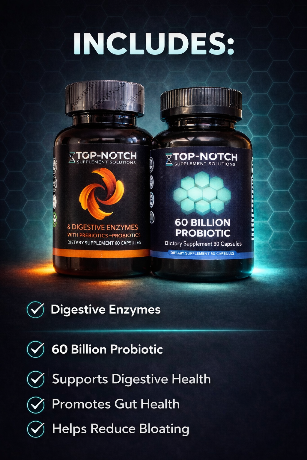 Two supplement bottles labeled 'Top-Notch' on a dark background with product features listed.