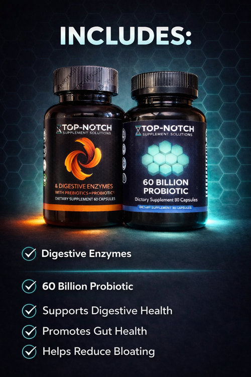 Two supplement bottles labeled 'Top-Notch' on a dark background with product features listed.