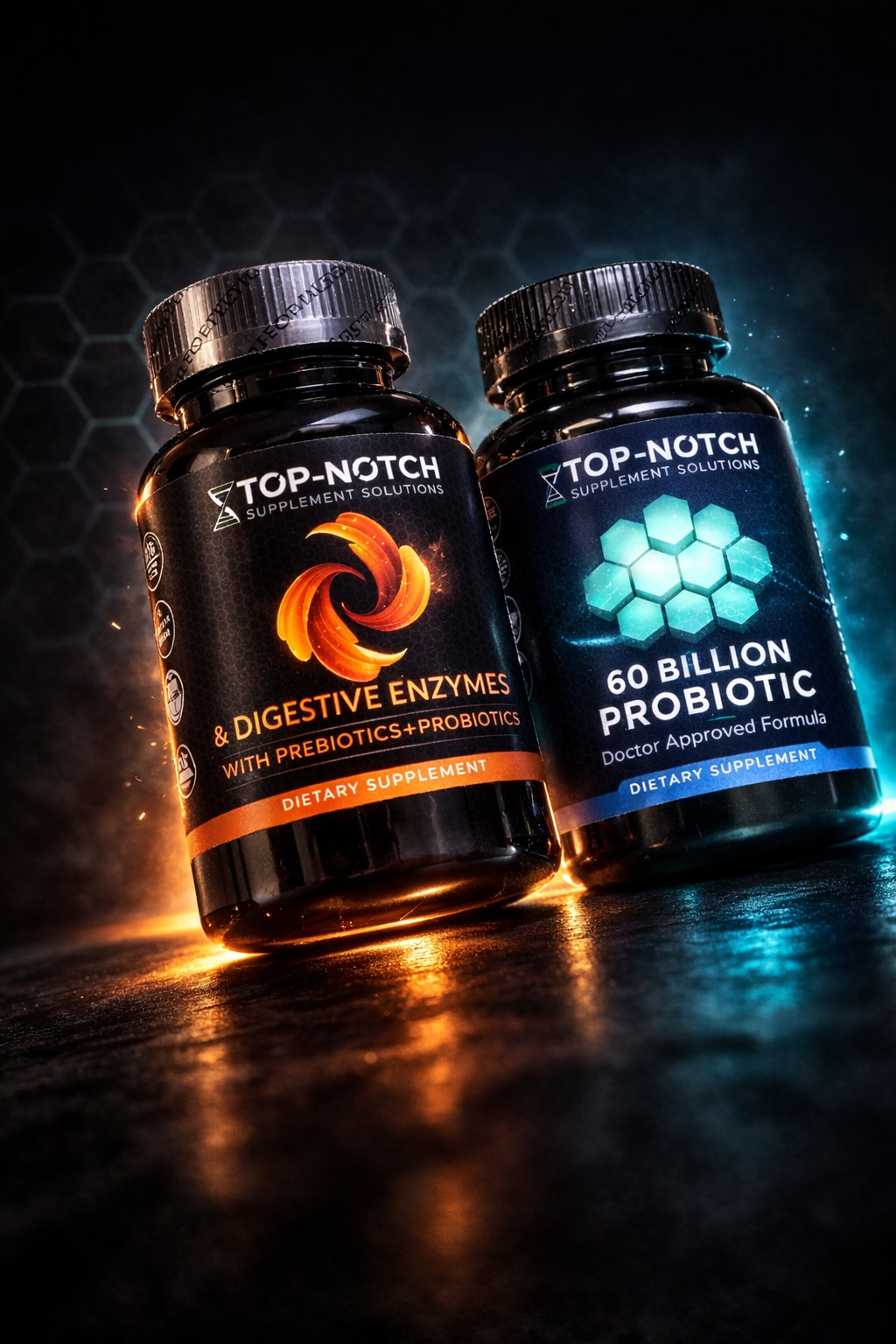 Two bottles of Top-Notch supplement solutions on a dark background