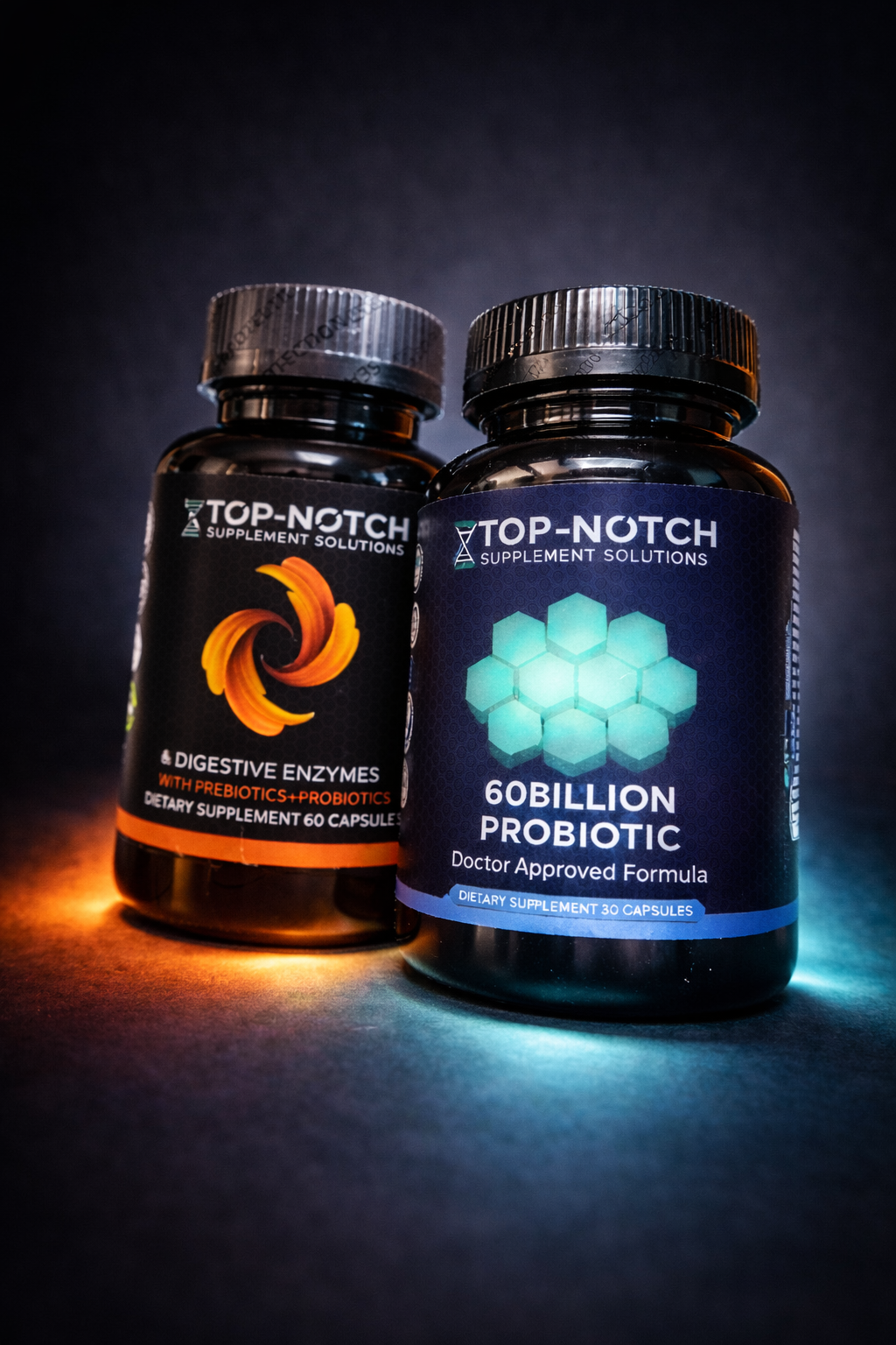 Two bottles of Top-Notch supplement solutions on a dark background
