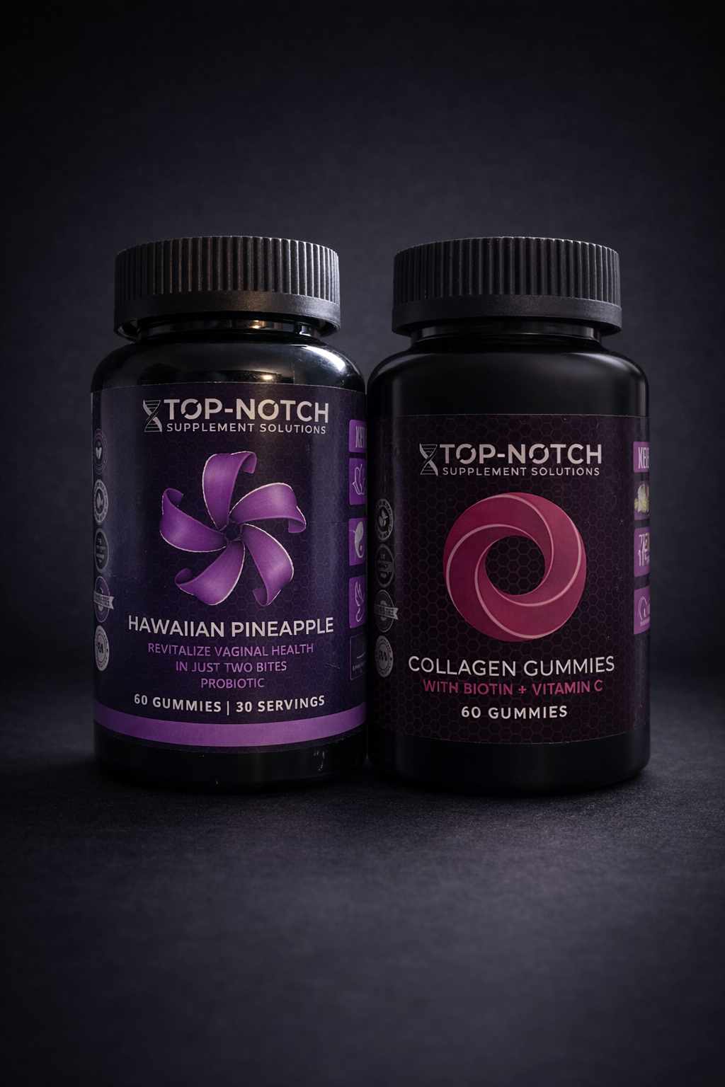 Two bottles of Top-Notch supplement solutions on a dark background