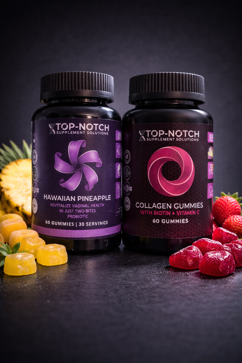Two bottles of Top-Notch supplement gummies with pineapple and strawberry on a dark background