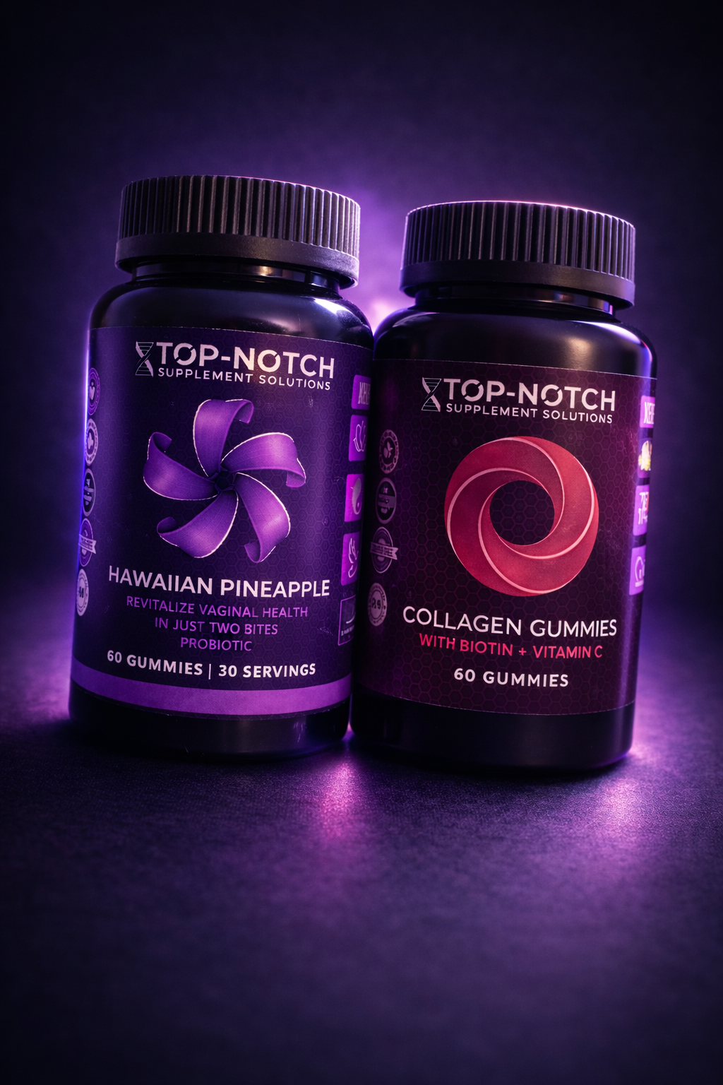 Two bottles of Top-Notch supplement solutions on a dark background