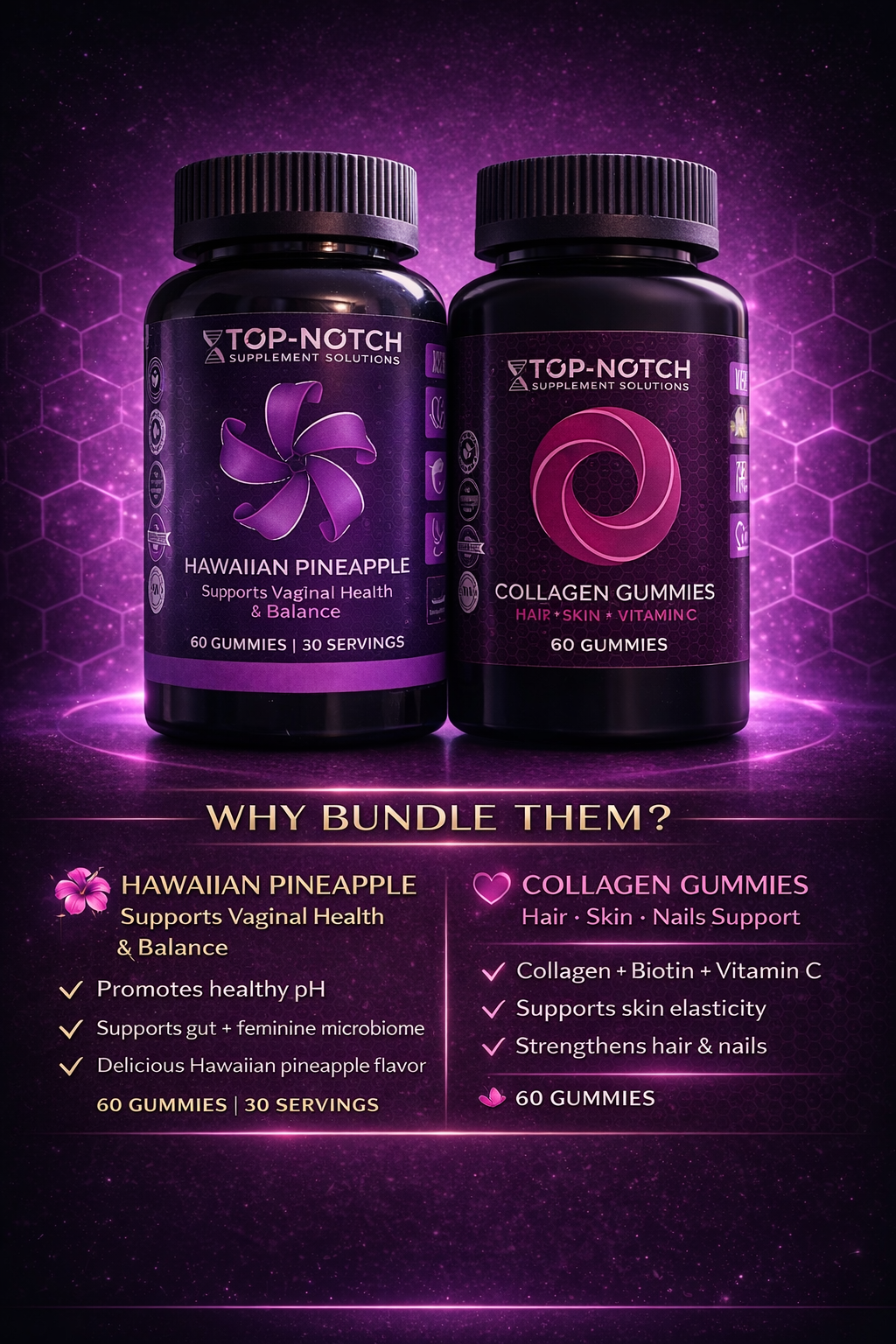 Two bottles of Top-Notch supplement products on a dark background with purple lighting.