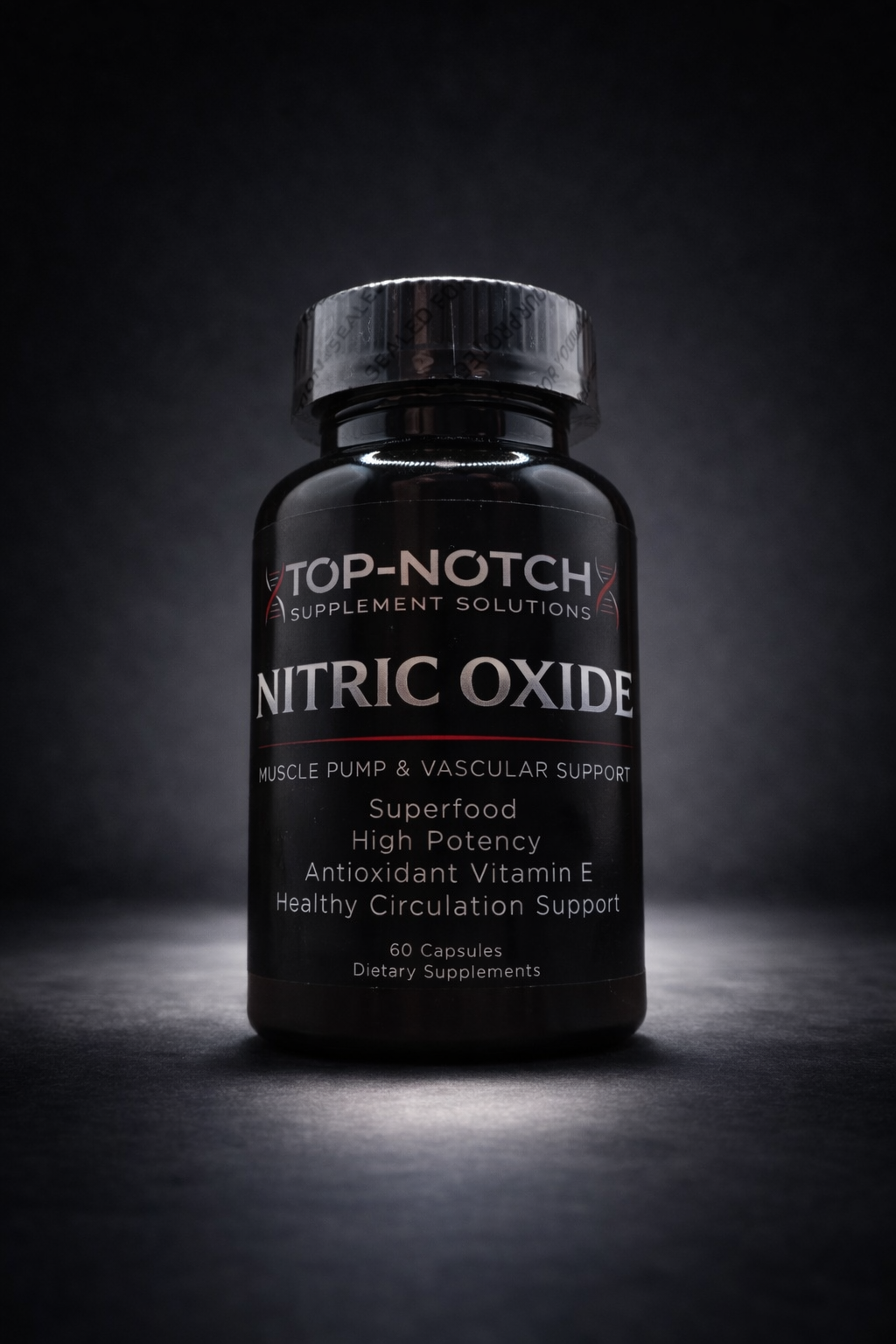Black supplement bottle labeled 'Top-Notch Supplement Solutions Nitric Oxide' on a dark background