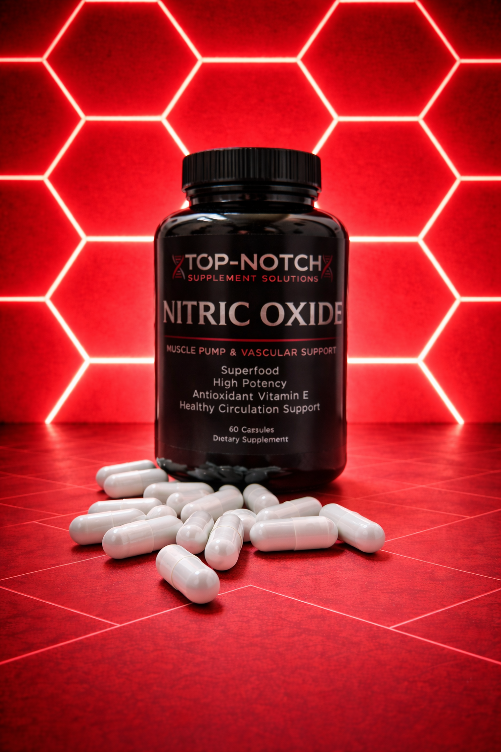 Top-Notch Nitric Oxide supplement bottle with white capsules on a red geometric background
