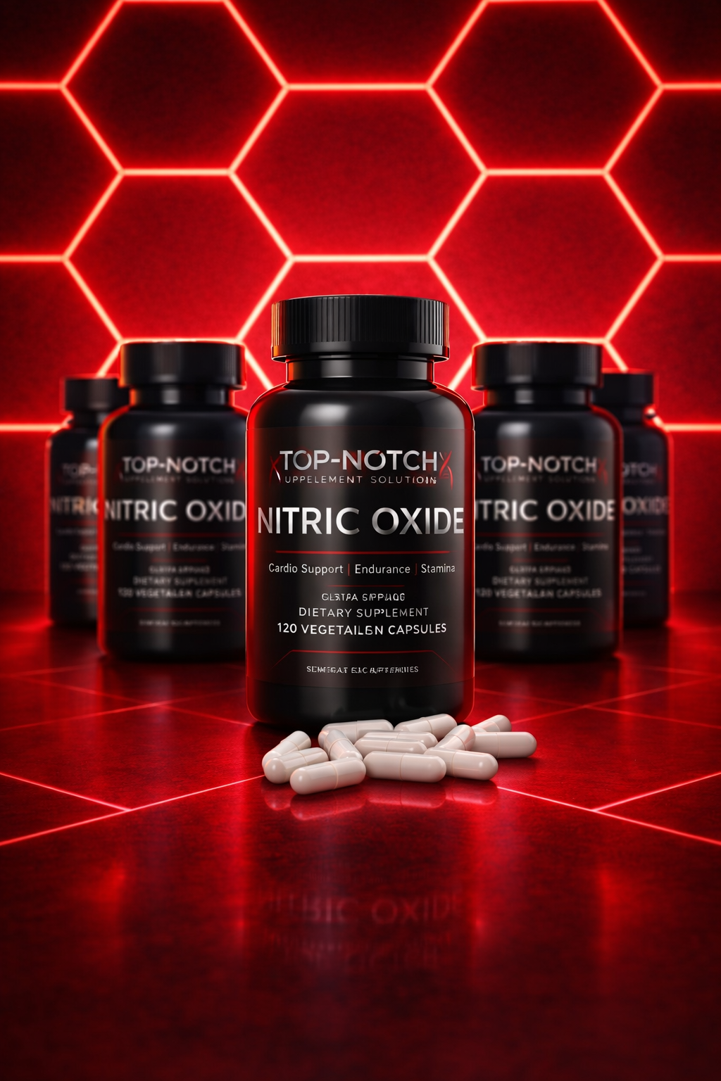 Top-Notch Nitric Oxide supplement bottles with red geometric background