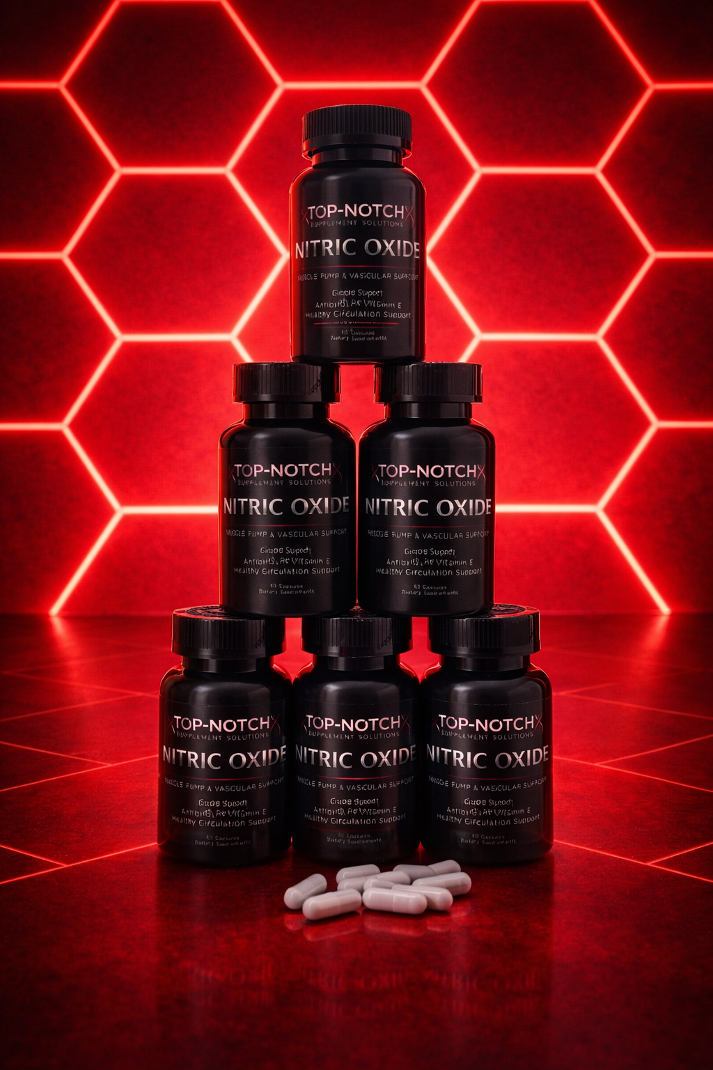 Stack of 'Top-Notch Nitric Oxide' supplement bottles against a red geometric background