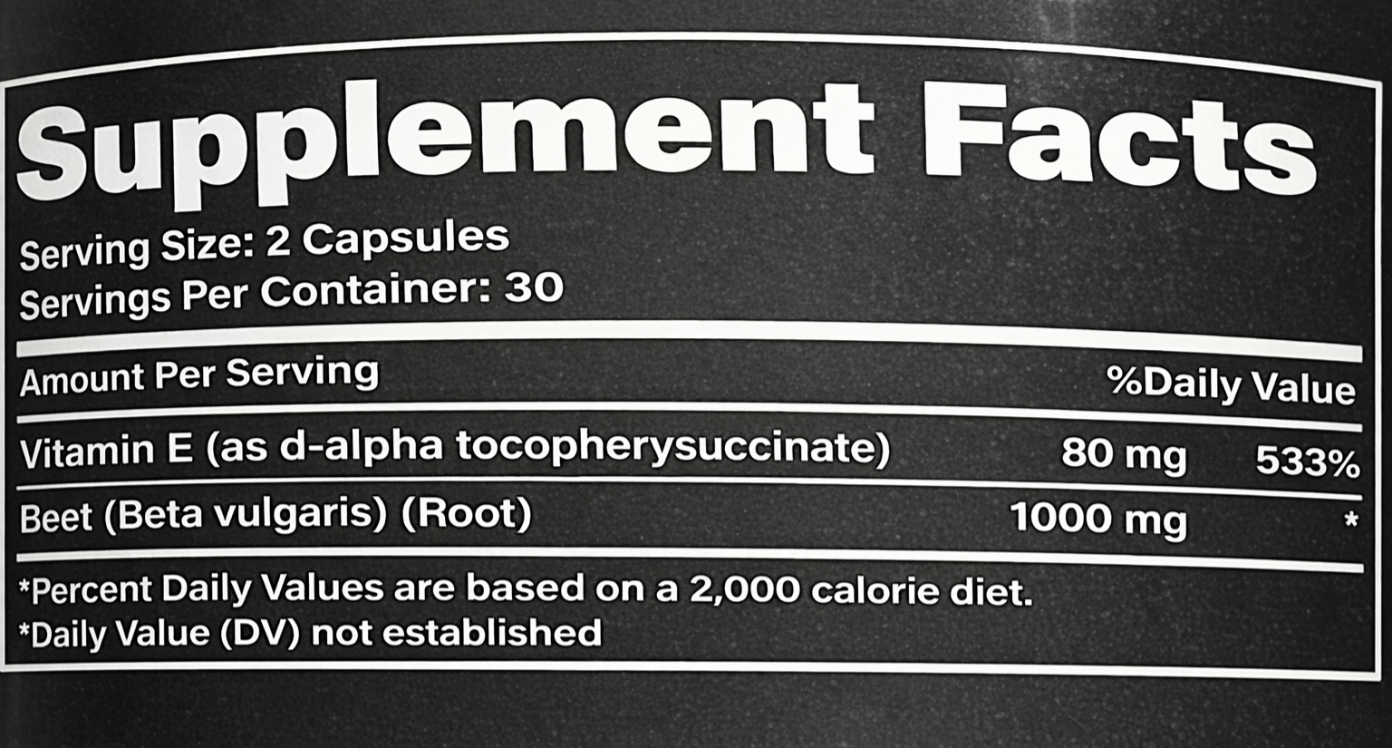 Supplement facts label on a black background