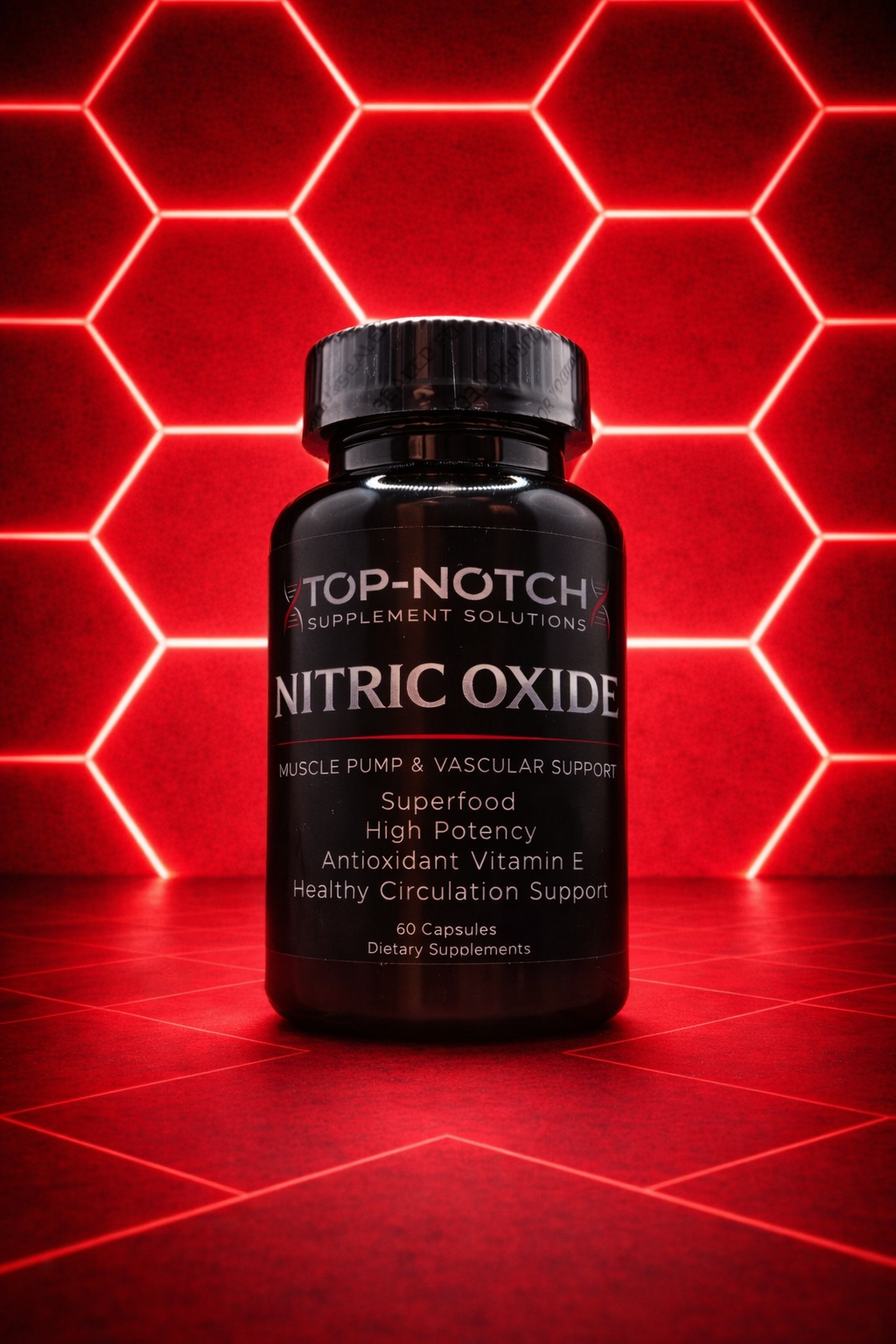 Black supplement bottle labeled 'Nitric Oxide' on a red geometric background