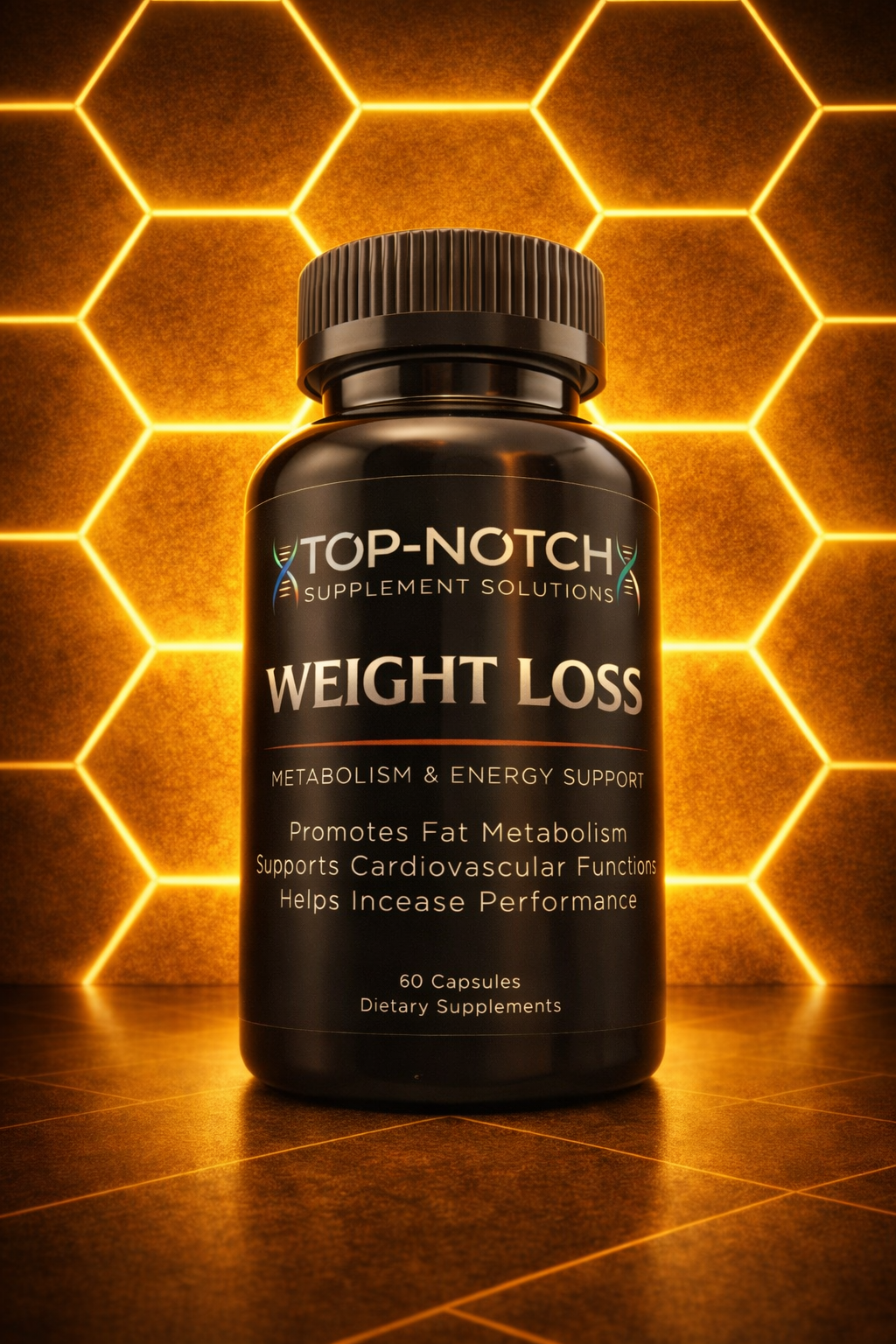 Black supplement bottle labeled 'Top-Notch' on a honeycomb background