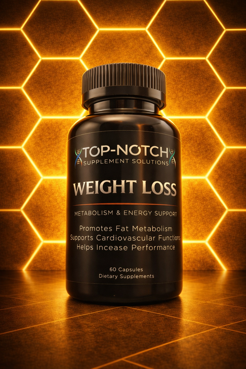Black supplement bottle labeled 'Top-Notch' on a honeycomb background